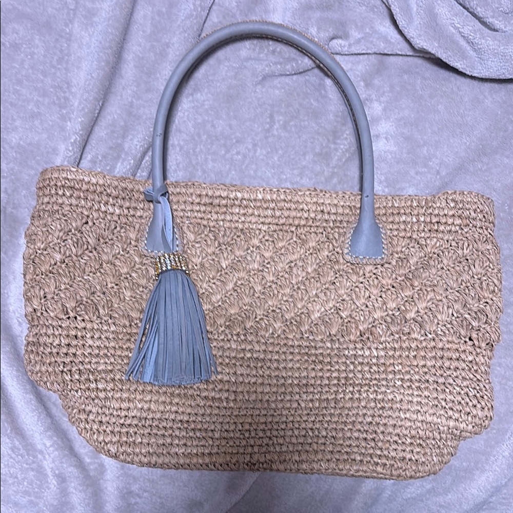 Skemo StrawTote W/ Gray Handles & Jeweled Tassel. Lined Drawstring Interior